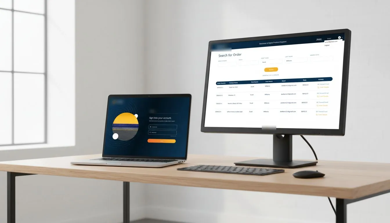 A support tool on a desktop monitor showing an order search and a results table, beside a laptop showing its sign-in screen.