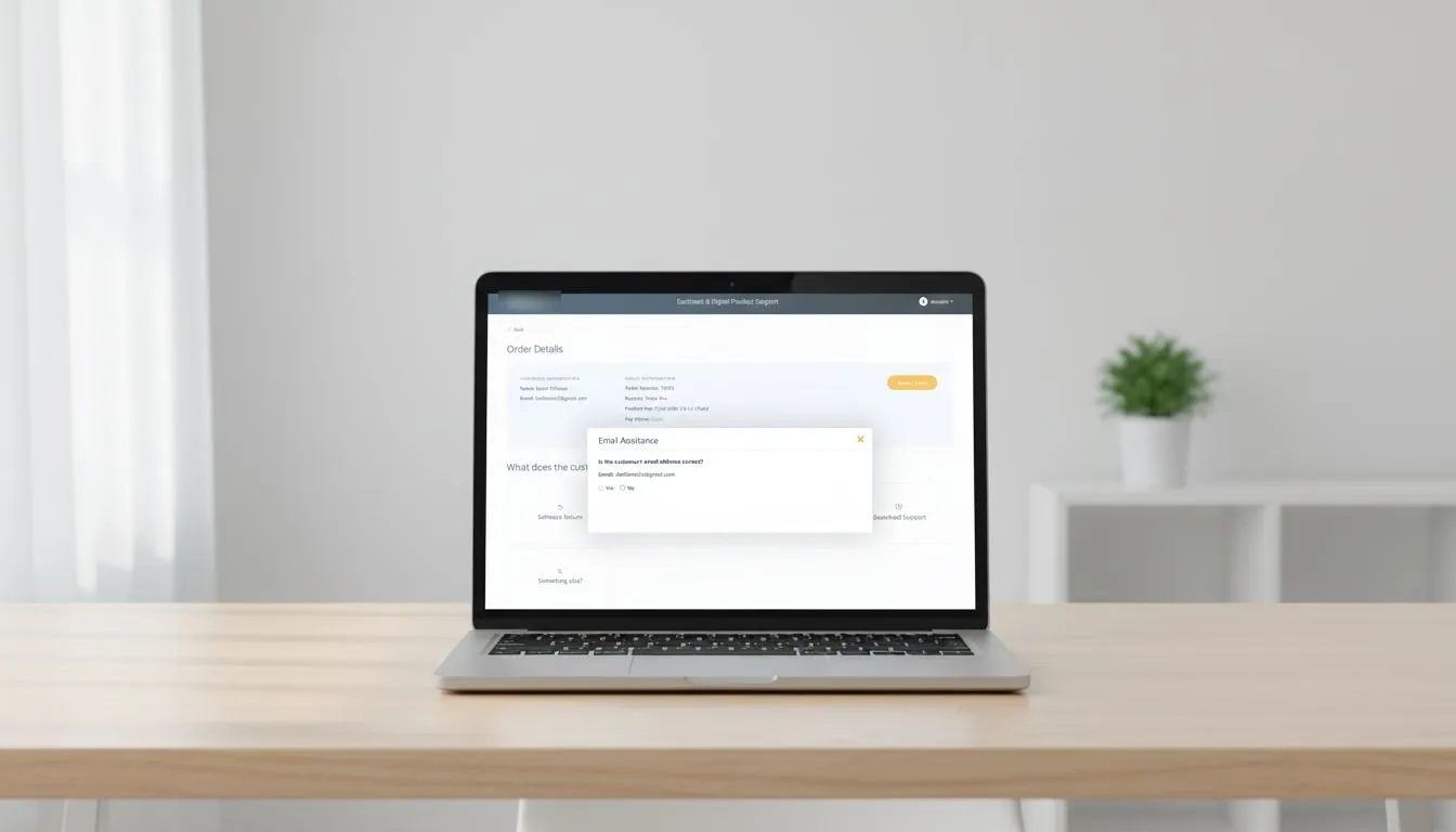 An order details page on a laptop with a dialog asking the agent to confirm the customer’s email address, with Yes and No options.