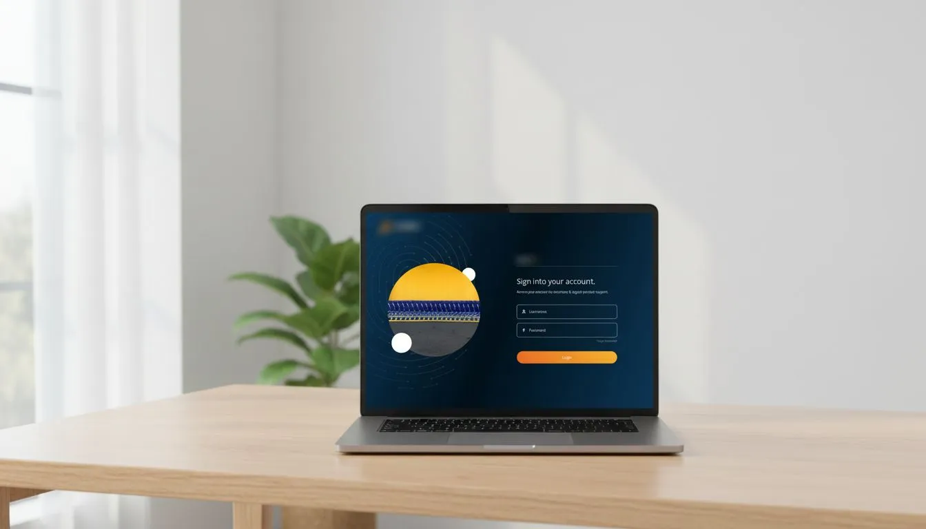 The sign-in screen on a laptop: a username field, a password field and one orange Login button beside an illustration.