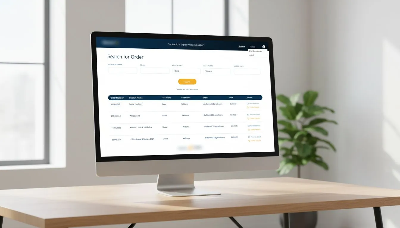 Order search on a desktop monitor: five search fields, one Search button, and a results table with Resend Email and Order Details actions on each row.