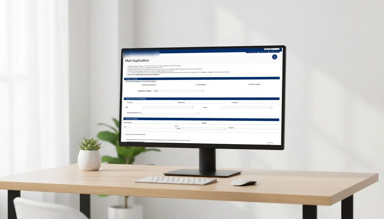 A paper application form in the portal on a desktop monitor: labeled sections for program choice, applicant information and address, each under its own heading bar.