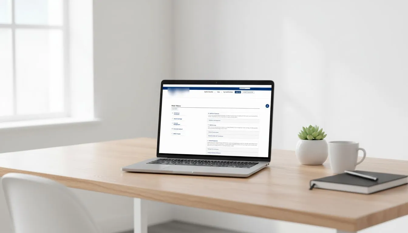 The portal’s help page on a laptop: a list of topics on the left and expandable answers on the right.