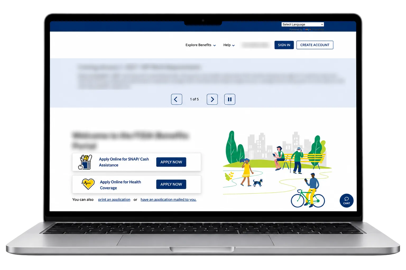 A state benefits portal home page on a laptop, leading with two clear task buttons: Apply for SNAP or Cash Assistance, and Apply for Health Coverage.