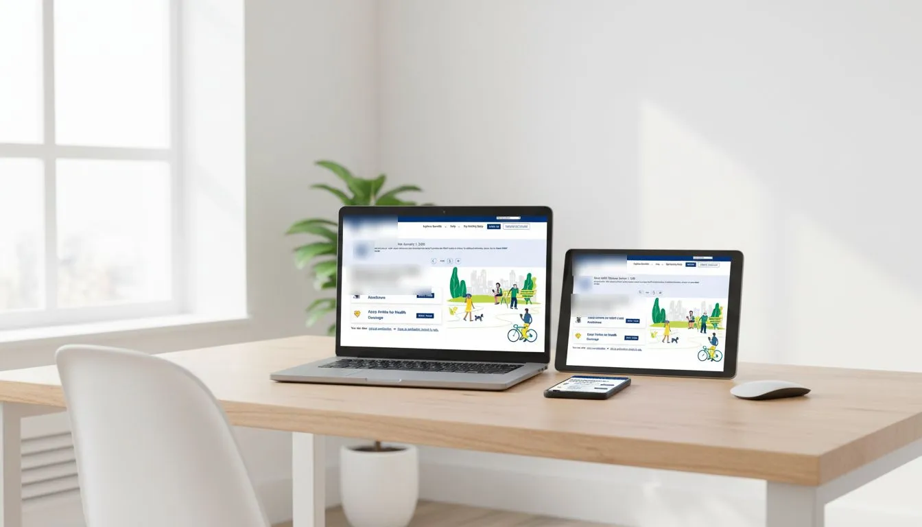 The benefits portal home page on a laptop and a tablet, with the same two task buttons and layout on both, showing the design held up across screen sizes.