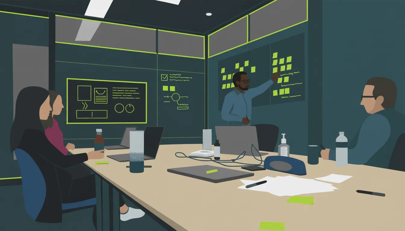 Illustration of a UX workshop: three people at a table with laptops and sticky notes while one stands at a wall of sketches and notes.