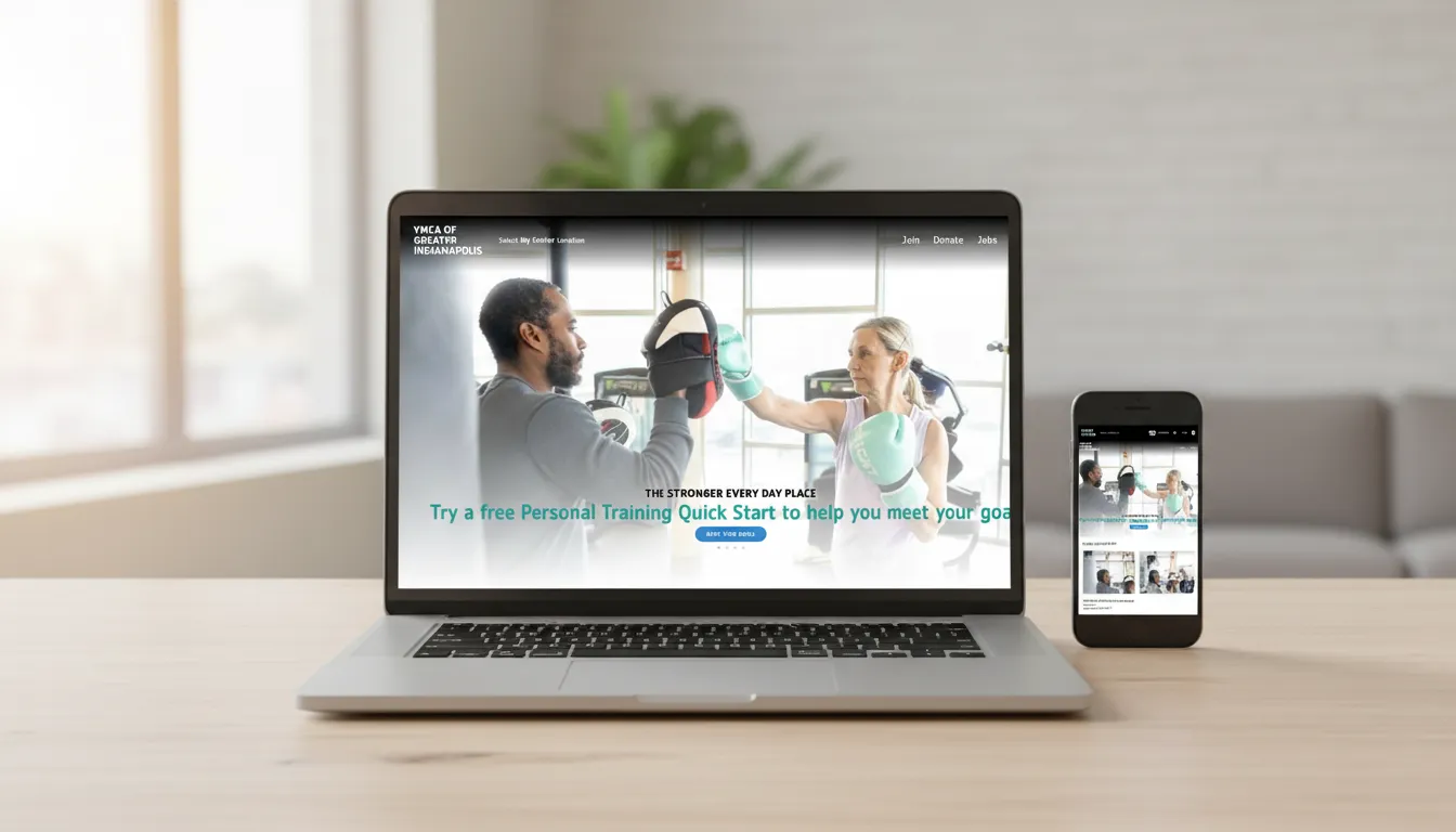 A fitness center website on a laptop and a phone: a large photo of two people training, with a call to start a free personal training session.